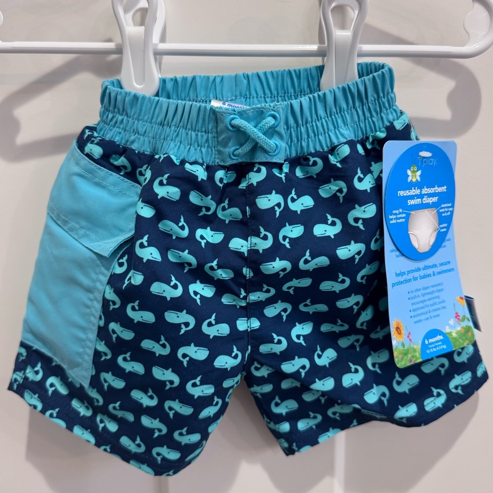 I Play Whale Print Swim Diaper Shorts